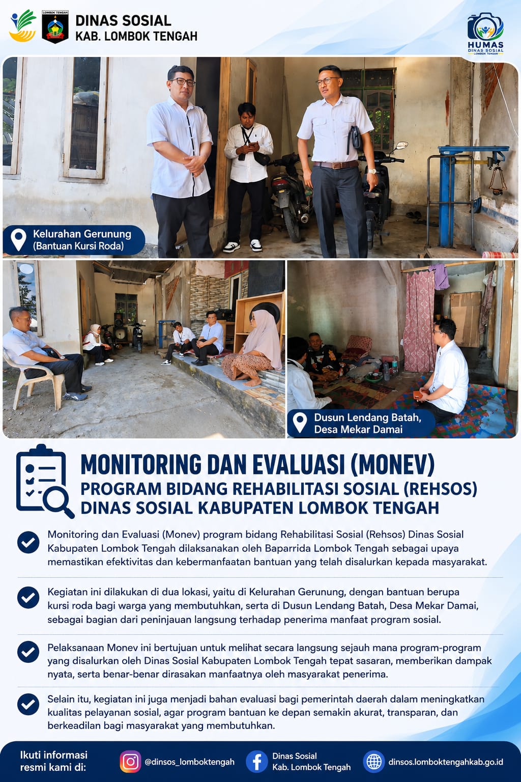 Monitoring dan Evaluasi (Monev) program bidang Rehabilitasi Sosial (Rehsos) Dinas Sosial Kabupaten Lombok Tengah dilaksanakan oleh Baparida Lombok Tengah